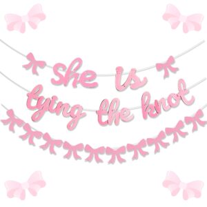 jevenis she is tying the knot banner tie the knot bridal shower decor pink bow banner garland coquette bachelorette party decorations