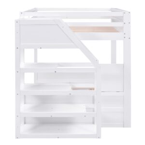 Harper & Bright Designs Full Over Full/Futon Bunk Beds with Stairs and 3 Drawers, Built-in Shelf, Bottom Bed can be Converted into Daybed, Solid Wood Bunk Bed Frame (White)