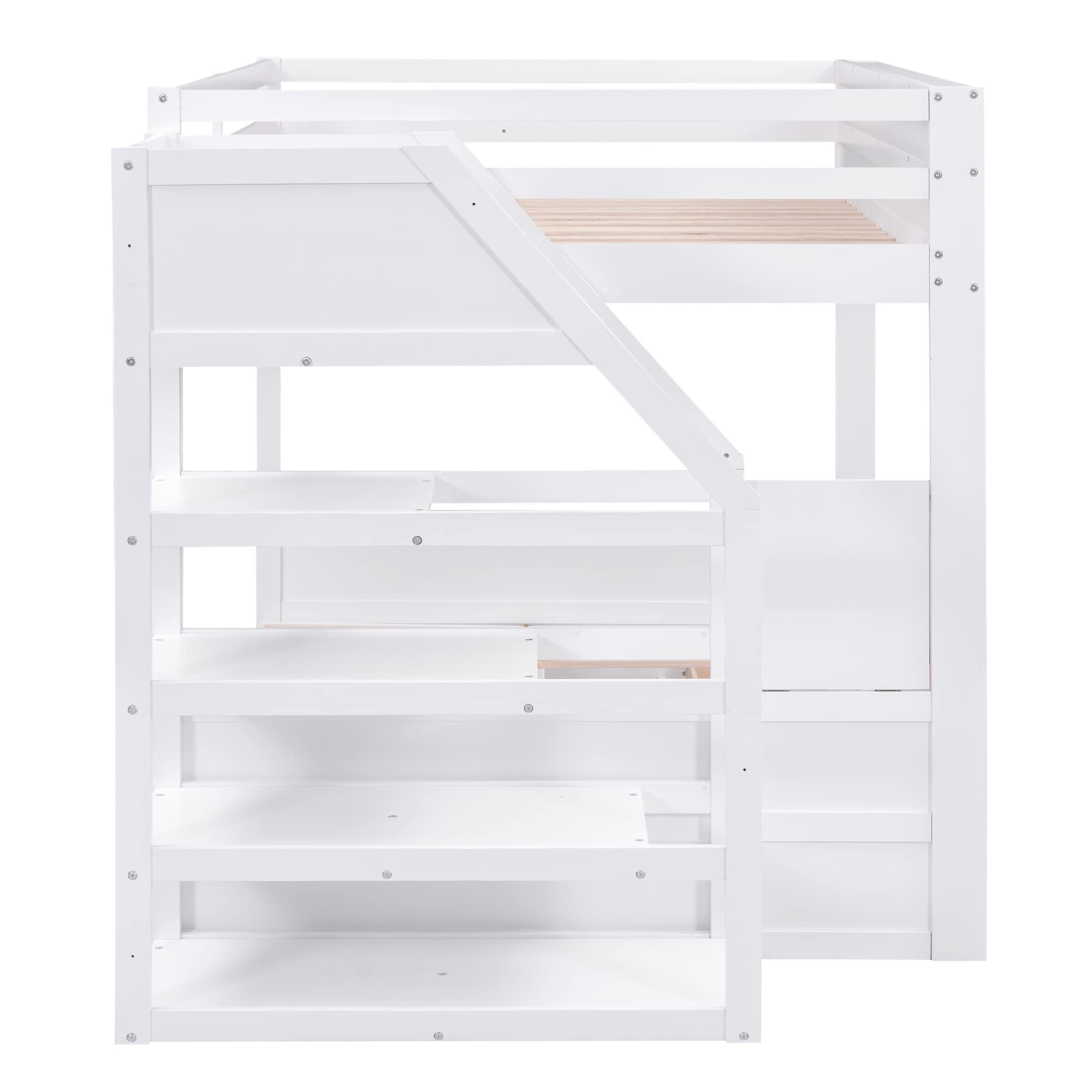 Harper & Bright Designs Full Over Full/Futon Bunk Beds with Stairs and 3 Drawers, Built-in Shelf, Bottom Bed can be Converted into Daybed, Solid Wood Bunk Bed Frame (White)