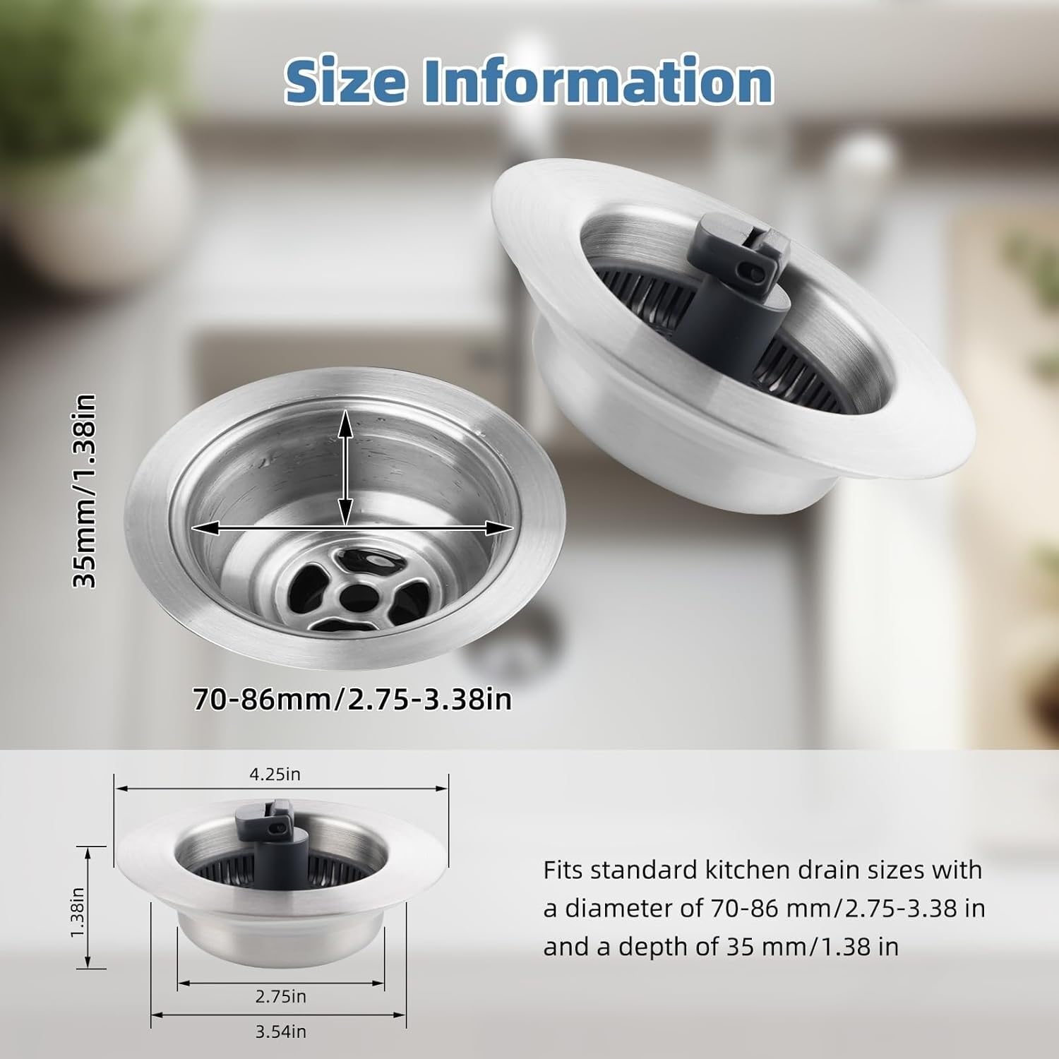 3-in-1 Kitchen Sink Strainer and Stopper Combo for Standard 3-1/2" Drain 1 Pack - Stainless Steel