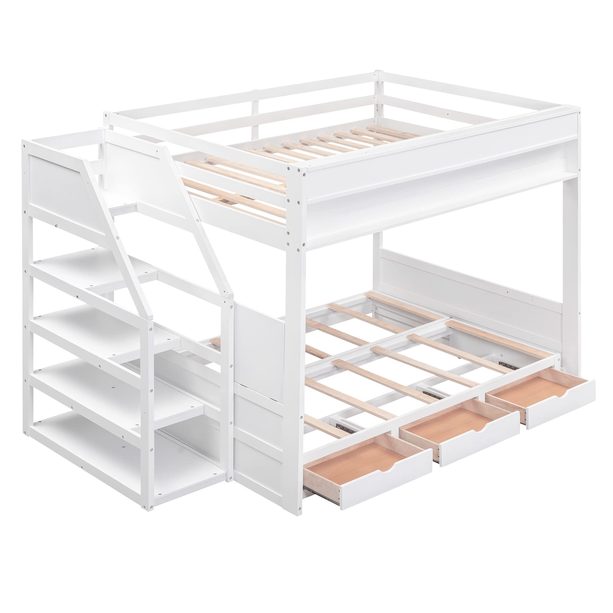 Harper & Bright Designs Full Over Full/Futon Bunk Beds with Stairs and 3 Drawers, Built-in Shelf, Bottom Bed can be Converted into Daybed, Solid Wood Bunk Bed Frame (White)