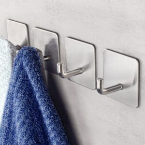 sjdlgn 4 pack adhesive hooks, towel hooks holders for hanging coat,robe heavy duty wall hooks stick on bathroom, home or kitchen, stainless steel