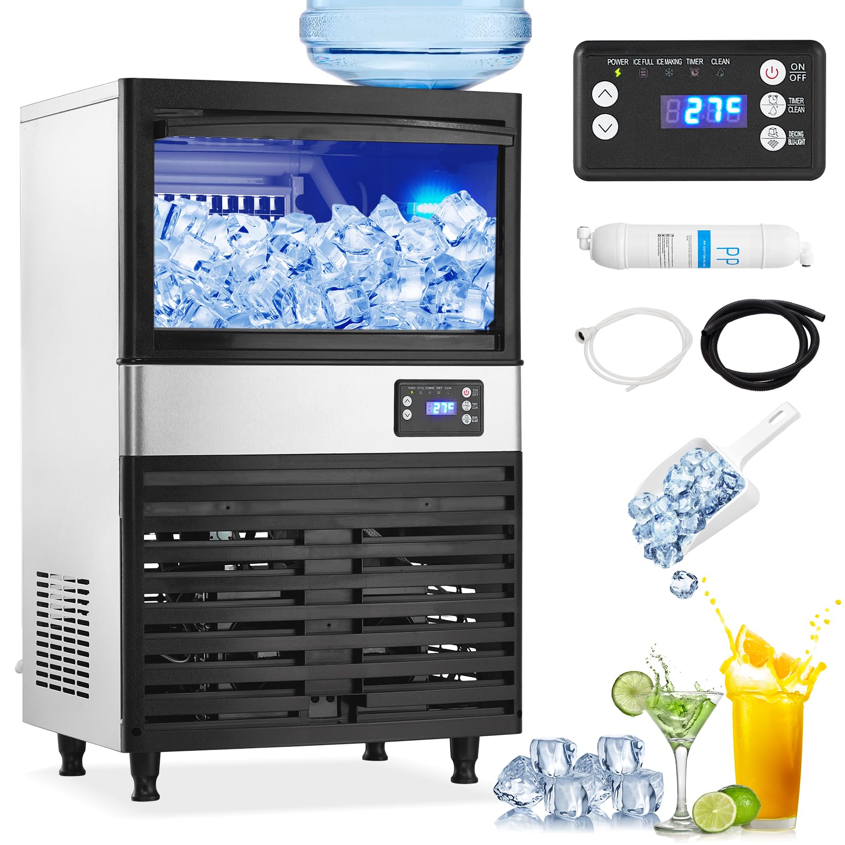 Commercial Ice Maker Machine, 120lbs/24H Under Counter Ice Maker Machine Stainless Steel with 26lbs Ice Storage Bin, Freestanding Ice Maker for Restaurant Bar Home Office Cafe, 2 Water Inlet Modes