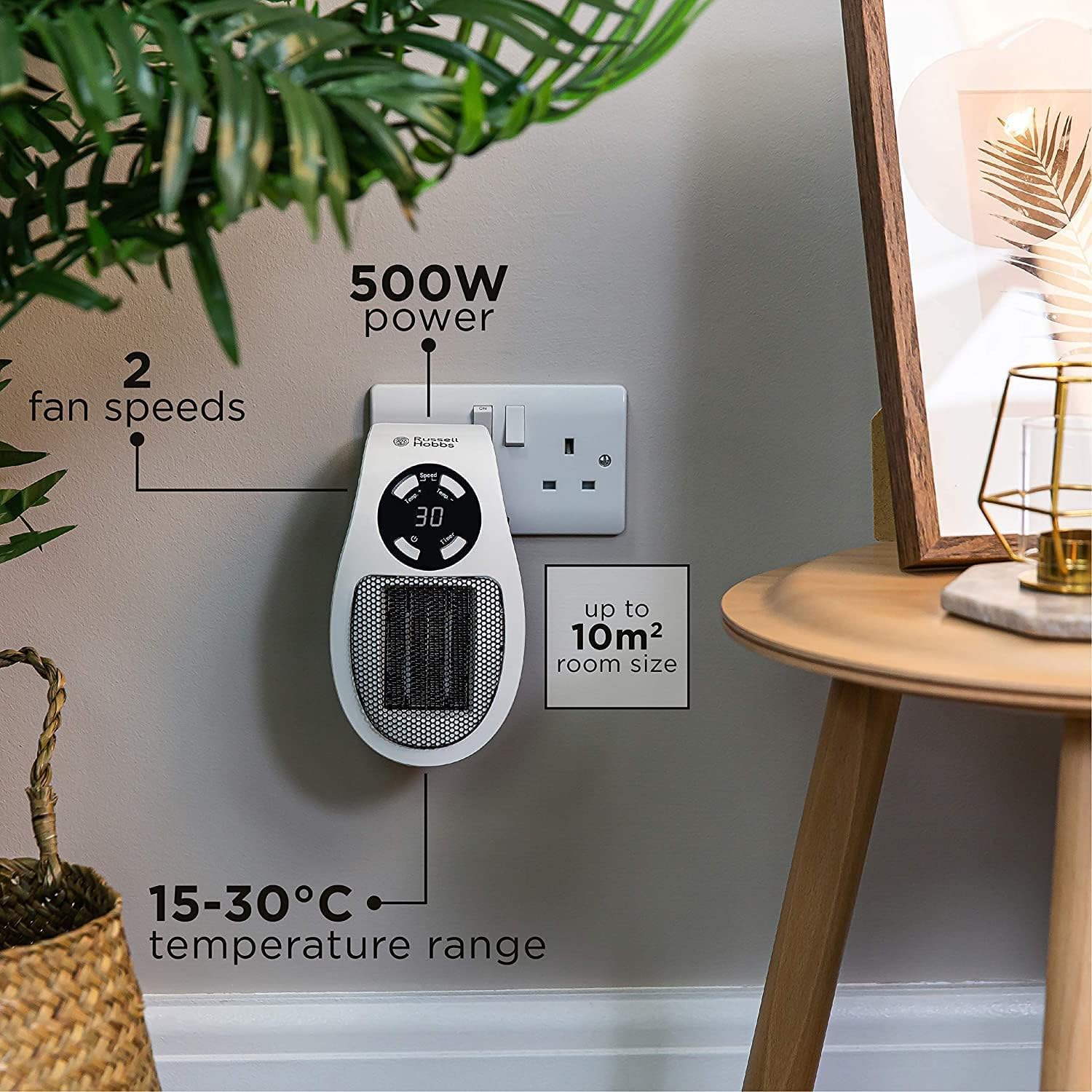 Plug in Heater for Indoor Use - 500W Smart Space Electric Fan Heater Wall Outlet Electric Space Heater,Fast Heating Small Plug In Wall Heater with Adjustable Thermostat, Timer, Led Display