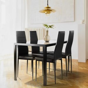 Ruesleag Dining Table Set 5-Piece Dining Room Glass Tabletop Table &Upholstered Chairs for 4 Modern Kitchen Table with Chairs Space-Saving Home Furniture for Dining Room Kitchen Living Room,Black