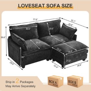 SENIFIS 77.6" Loveseat Sofa, Chenille Sectional Comfy Cloud Sofa Chouch with Movable Ottoman & Pillow, Modern 2-Seater Small Sofa Sleeper Deap Couches for Living Room (Black, Loveseat)