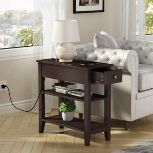 ChooChoo Narrow End Table Set of 2,Side Table Living Room with USB Ports & Power Outlets and Hidden Drawer, 3-Tier Skinny Nightstand with 2 Open Storage Shelves for Small Place(Espresso)