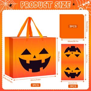 Large Orange Halloween Party Gifts Bags with Handles,Halloween Wrapping Tissue Paper with Greeting Card,Pumpkin Halloween Paper Bags Trick or Treat for Halloween Birthday Party Favors Gifts Supplies