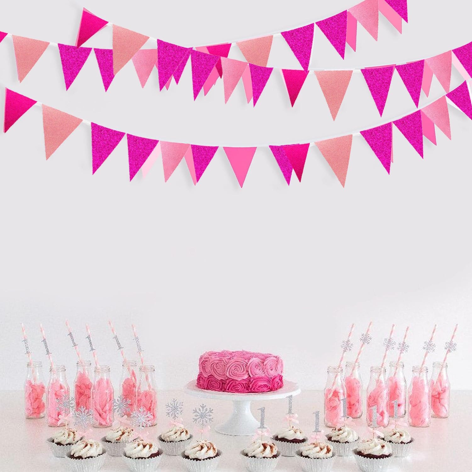 Hot Pink and Pink Glitter Pennant Banner Party Decorations Wedding Bridal Shower Hanging Paper Triangle Flags Streamers for Wedding Birthday Bachelorette Engagement Home Nursery Party Decor (48 Pcs)