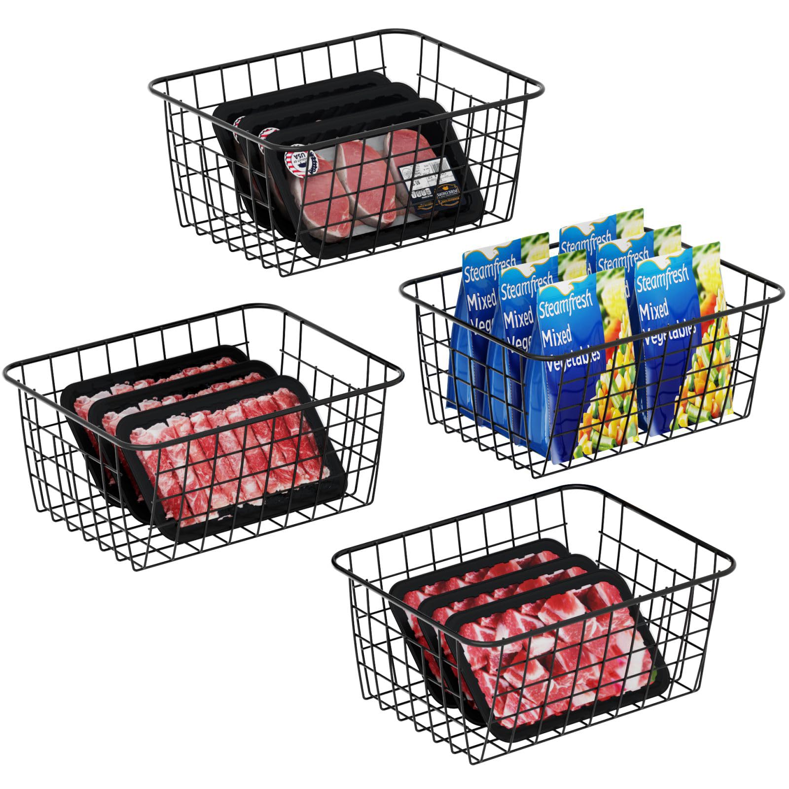 iSPECLE Upright Freezer Organizer Bins - 4 Pack Small Stand Up Freezer Baskets for 13 cu.ft Freezer, Easily Get Food with Handle and Stop Food Fall out from Freezer, Improve Air Circulation, Black