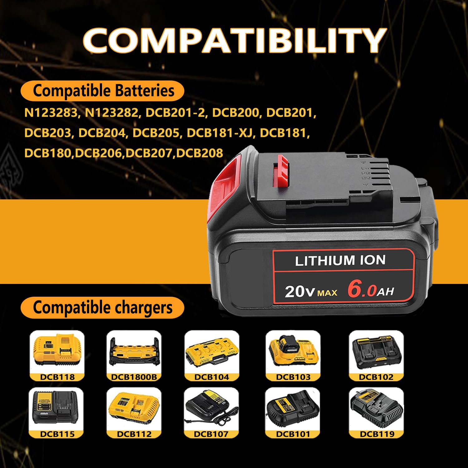 HAPPLYS [2Pack] 6.0Ah Replace for Dewalt 20V Max Battery DCB200 DCB206 DCB205 DCB204 DCB203 DCB201 DCB207 DCB209 Compatible with Dewalt 20V DCD/DCF/DCG/DCS Tools