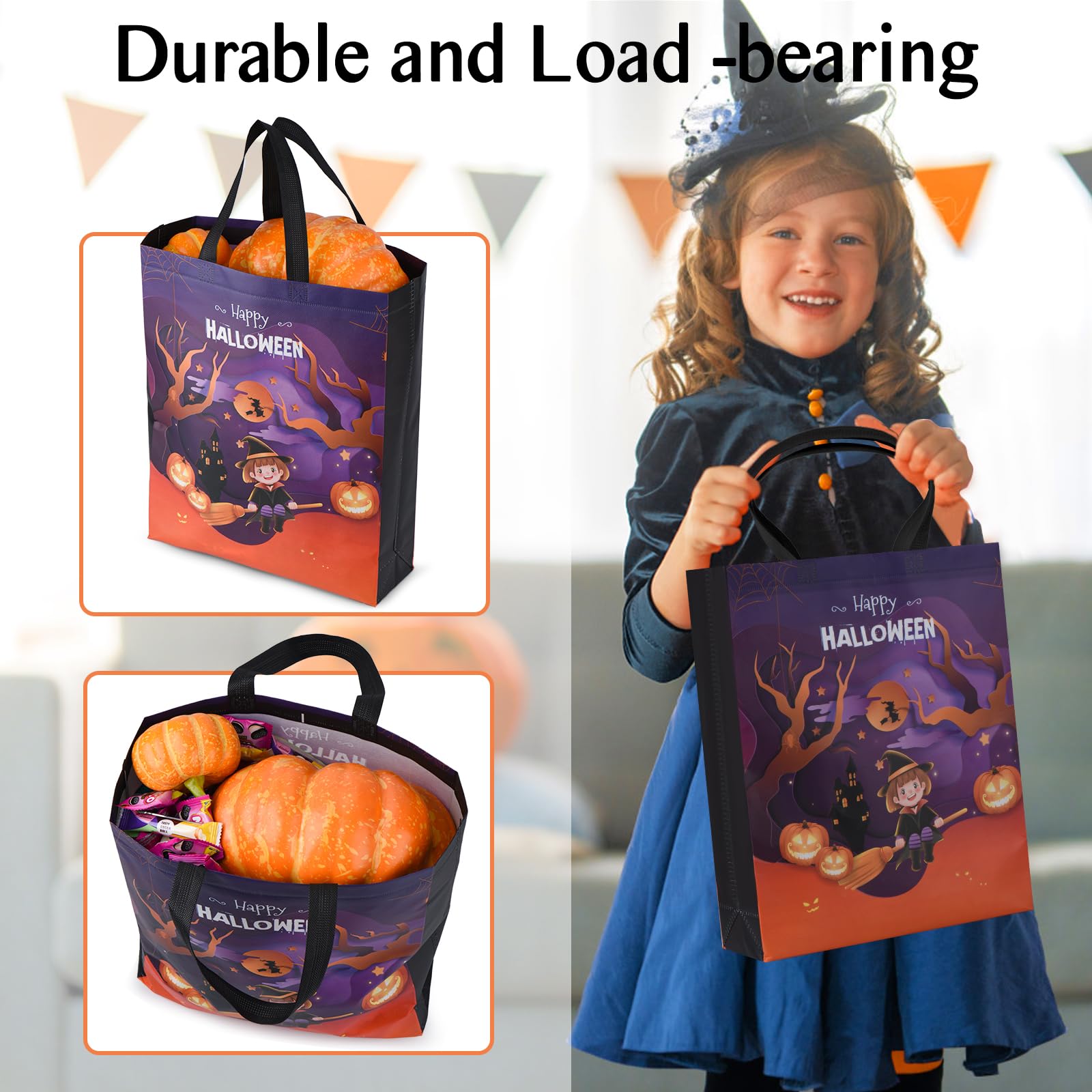 Halloween Bags,12 Pcs Halloween Trick or Treat Bags Large,Halloween Tote Bag with 12 Pcs Halloween Slap Bracelets,Halloween Candy Bags for Halloween Party Supplies,Gift Wrapping 15"×11.6"×3.9"