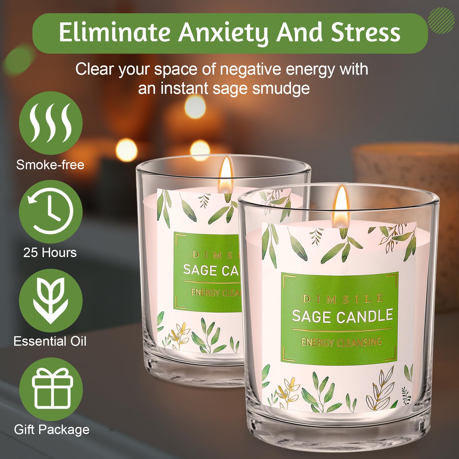 2 Pack Sage Candles for Cleansing 3.5oz Natural Soy Wax Candles Scented Candles Bulk for Cleansing House Energy and Meditation Long Lasting Sage Candle Gifts Set