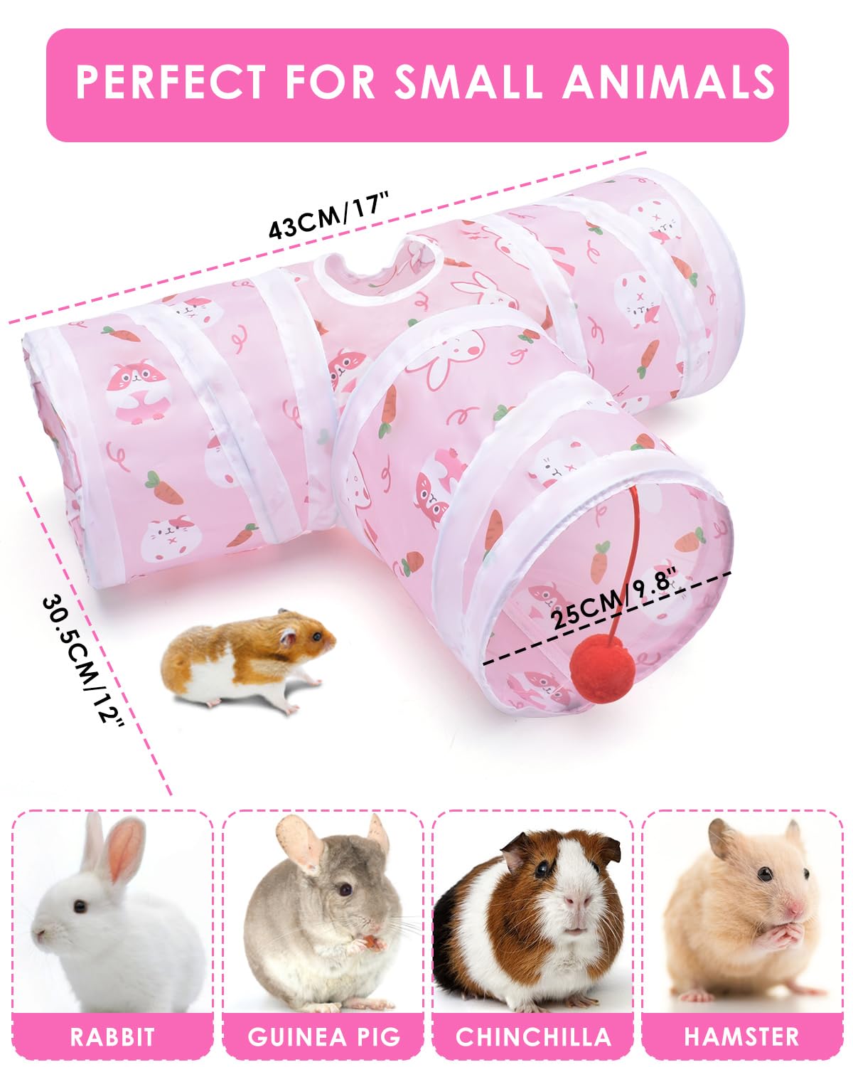 Bissap Rabbit Tunnel, 9.8'' Collapsible Bunny Tunnel and Tube 3 Ways Pet Hideout with 1 Play Ball for Indoor Kittens Dwarf Rabbits Bunnies Guinea Pigs Chinchillas Small Animal Activity Fun Toys (Pink)