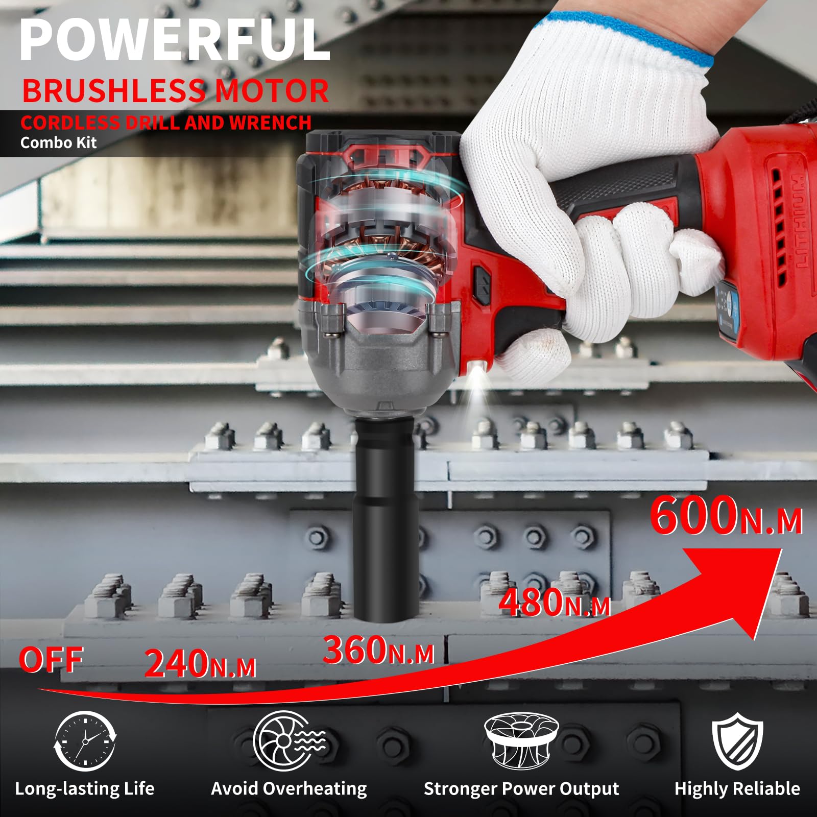 TIKTIK 600N.m Cordless Impact Wrench Set,1/2 Inch Compact Impact Gun,442 FT-LBS Brushless Impact Wrench w/ 2x4.0Ah Battery & 5 Sockets,21V Power Impact Driver Set for Car Home