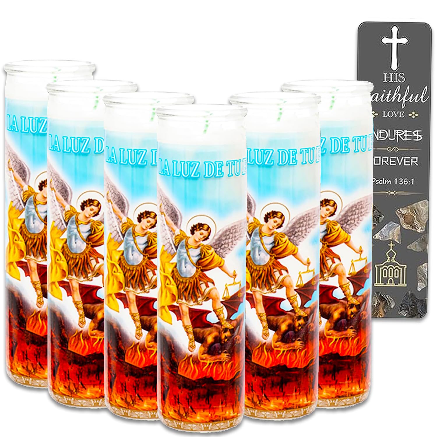 6 Pack Saint Michael The Archangel White Religious Candles - Bundle with 8" Michael The Archangel Candles for Vigils, Prayers, Blessing Ceremonies, More Plus Bookmark | Devotional Candles in Glass