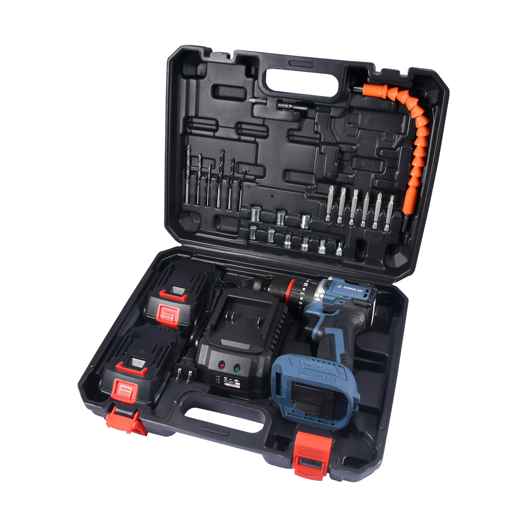 ZHONGAN 10mm(3/8”) Cordless Drill 2 Variable Speed,with 1 Charger and 2 Batteries,Electric Power Drill Set 24 Driver Bits,Durable and Portable,21V 2000mAh