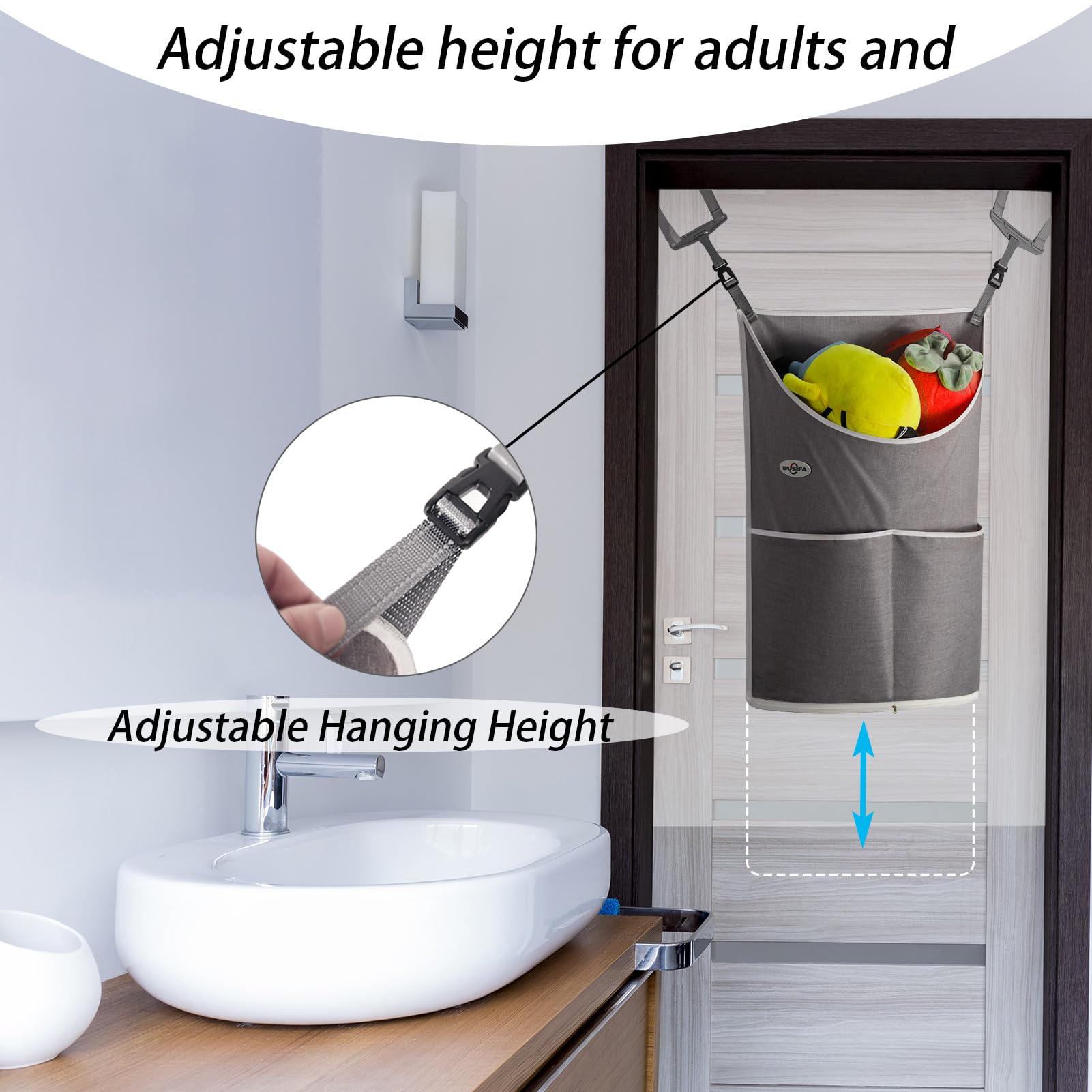 BUSIFA Hanging Laundry Hamper, Over The Door Clothes Hamper With Non-Destructive Hooks For Adjustable Hanging Height, Large-Capacity, Large-Opening Door Hamper For Storing Dirty Laundry(Gray)