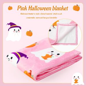 Jansun Halloween Pink Flannel Blanket, 60 x 50 Inch Ghost Pumpkin Throw Blanket Lightweight Reversible Blankets Plush Throw Blanket Soft Living Room Couch Bed Blanket for Girls Boys