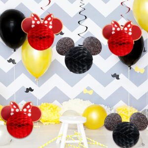 2 Pieces Micky Themed Birthday Decorations, Cartoon Honeycomb Balls with Hanging Swirls , Birthday Party Supplies Black and Red Table Decor for Kids, Women, Adults