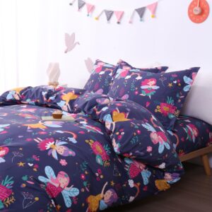 JSD Fairy Floral Kids Duvet Cover Set Twin Size, 2 Piece Girls Printed Microfiber Comforter Cover with Pillow Sham Zipper Closure