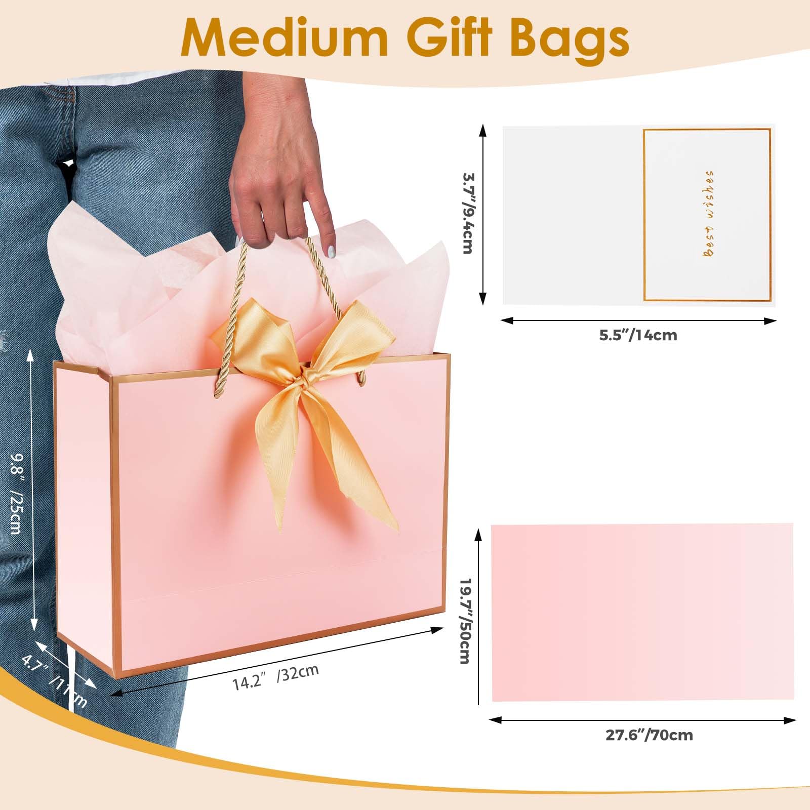 Gfractolux Large Gift Bags for Present, 1 Pcs Gift Bags for Women Men with Tissue Paper and Cards, Gift Bags for Birthdays, Baby Shower, Wedding, Party, Holiday 14.2" x 9.8" x 4.7" (Pink and Gold)