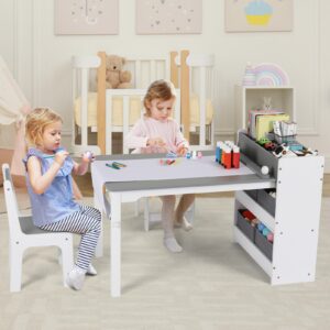 Arlopu Kids Art Table and 2 Chairs, Toddler Craft Drawing Desk with Large Storage Shelves, 4 Storage Bins and Paper Roll, Kids Activity and Study Table Furniture, for Daycare, Game Room (Grey)