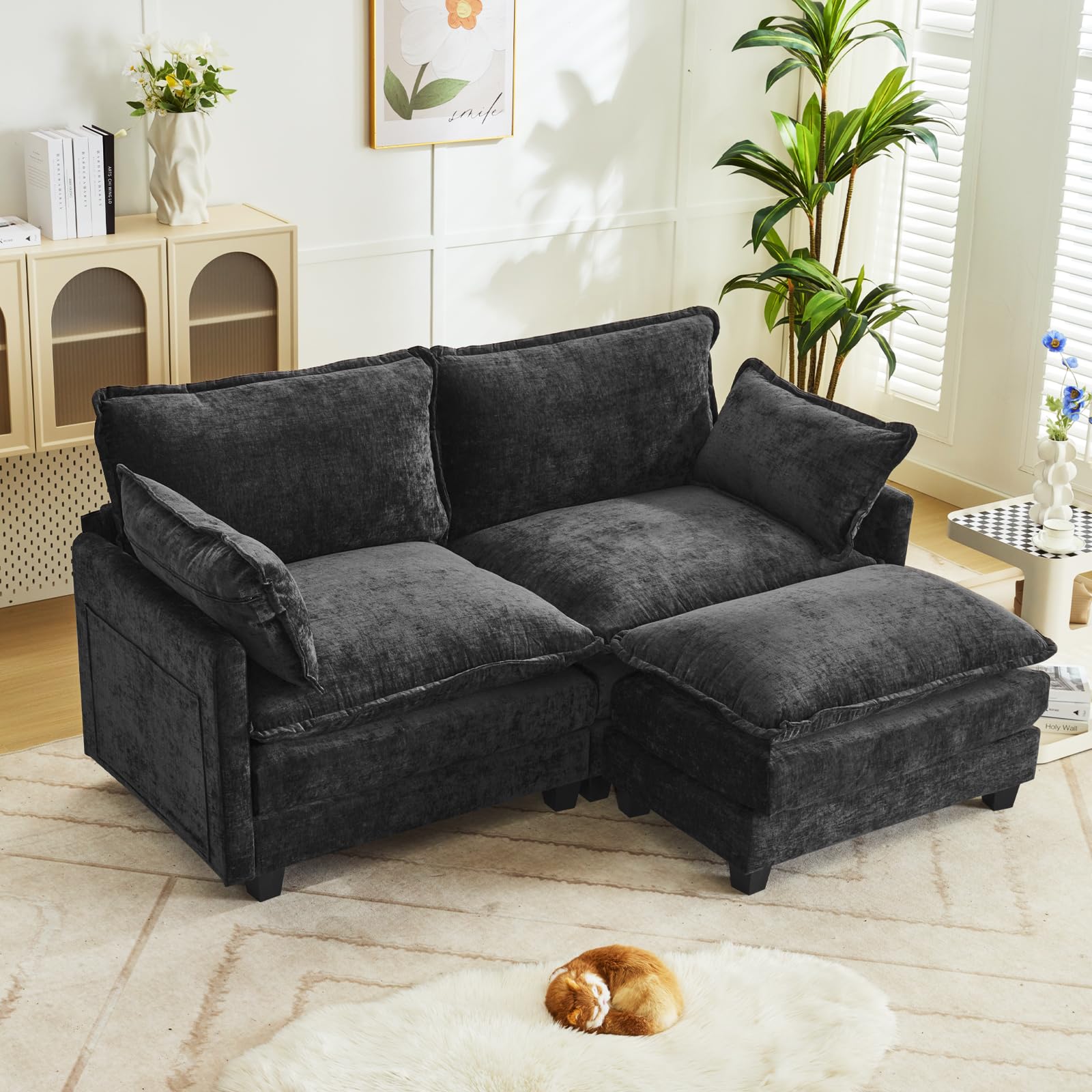 SENIFIS 77.6" Loveseat Sofa, Chenille Sectional Comfy Cloud Sofa Chouch with Movable Ottoman & Pillow, Modern 2-Seater Small Sofa Sleeper Deap Couches for Living Room (Black, Loveseat)