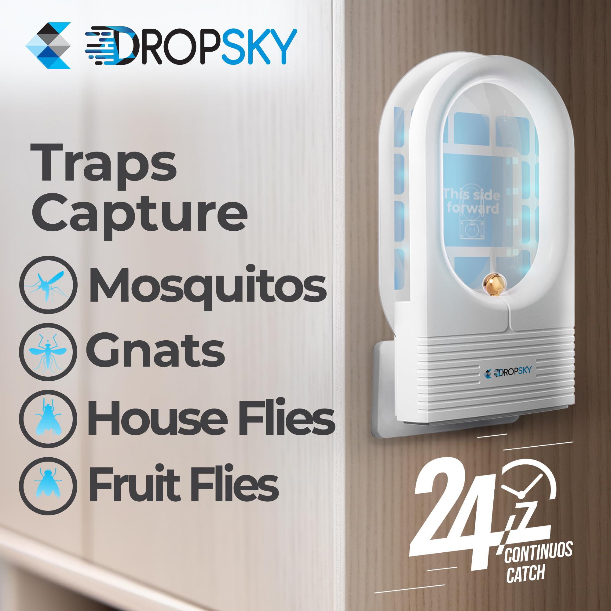 Dropsky Indoor Flying Insect Trap - Plug-in Bug Light Trap for Fruit Flies, Gnats and Houseflies - Odorless and Mess Free (2 Traps + 2 Glue Cards)