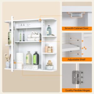 HOOBRO Bathroom Medicine Cabinet with Mirror, Wall-Mounted Cabinet with Storage, Lighted Medicine Cabinet with LED Lights, Charging Station, Adjustable Shelf, 5 Open Shelves, White