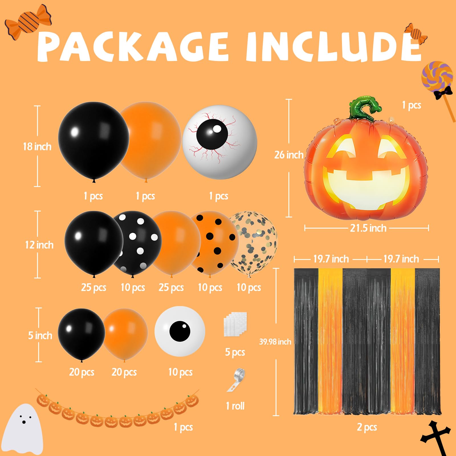 Halloween Balloon Garland Arch Kit with 5 12 18 Inches Black Orange Confetti Eyeballs Balloons Pumpkin Foil Balloons for Baby Shower Birthday Foil Fringe Curtains Decorations Halloween Party Supplies