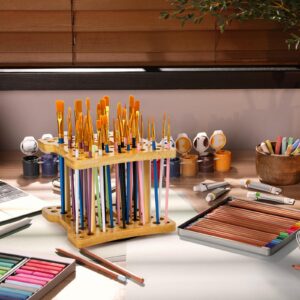 Cedilis 2 Pack Rotating Paint Brush Holder, 59 Holes Bamboo Paintbrush Holder Organizer for Pen, Pencil, Watercolor Brushes, Artist, No Assembly Required