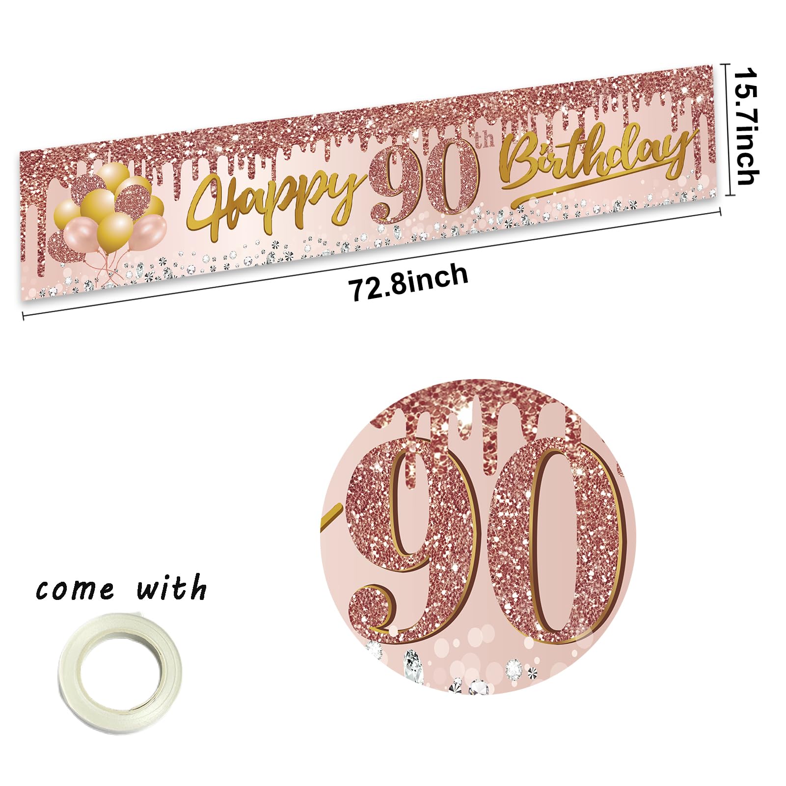 Excelloon 90th Birthday Banner Decorations for Women, Pink Rose Gold Happy 90 Birthday Yard Banner Party Supplies, 90 Year Old Bday Background Sign for Outdoor Indoor