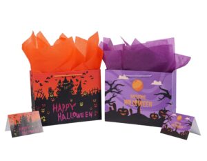 lyforpyton 2 pack large halloween bags with tissue paper and card 12.6" trick or treat gift bags for halloween