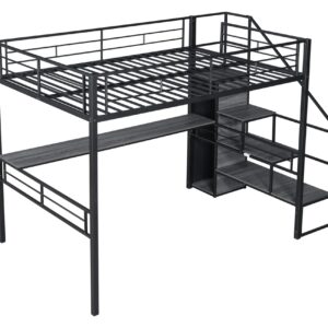 DNYN Stairway Full Size Metal Loft Bed with Desk for Kids,Adults,Heavy Duty Bedframe w/Storage & Wardrobe,Space Saving Design & No Box Spring Needed, Black