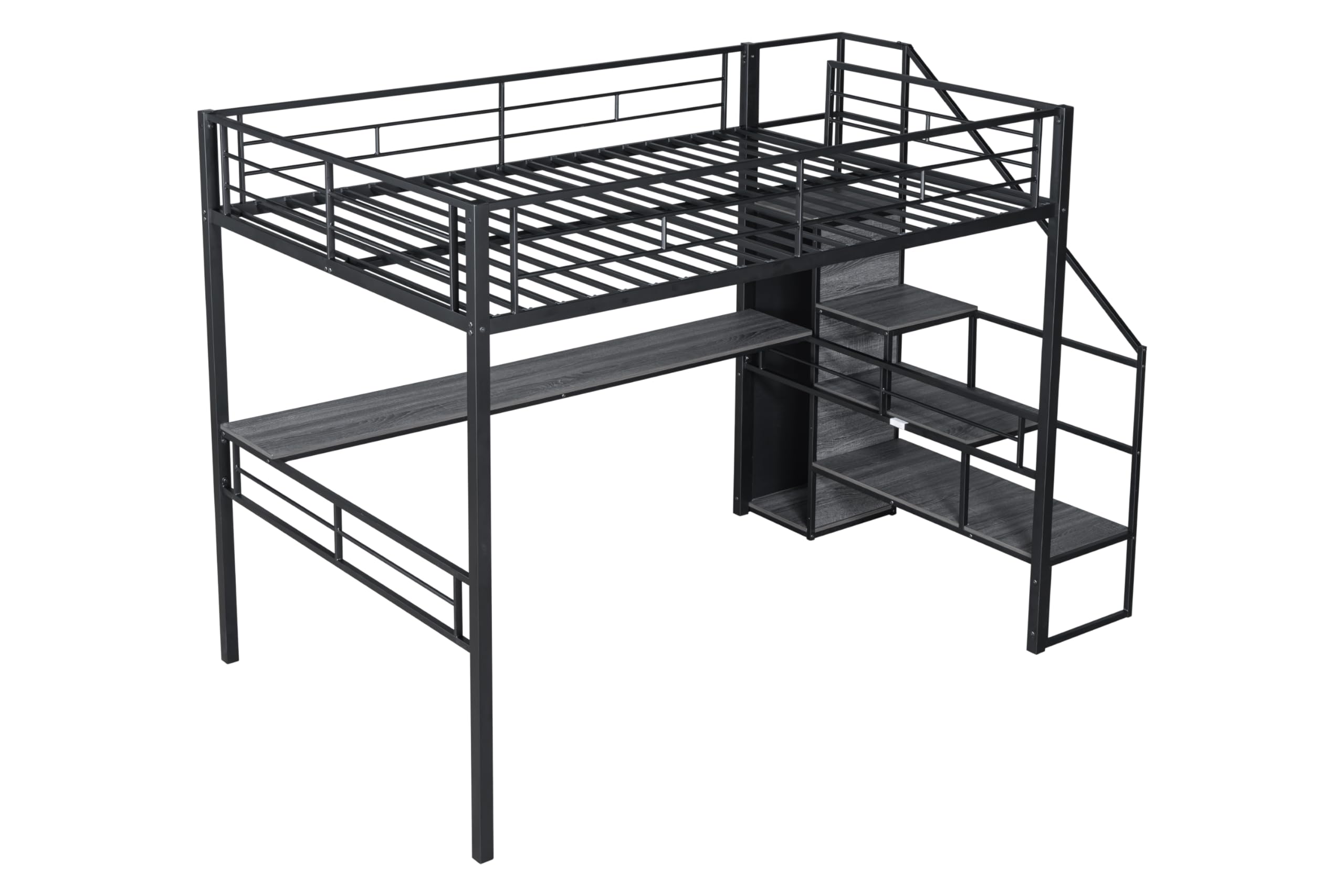 DNYN Stairway Full Size Metal Loft Bed with Desk for Kids,Adults,Heavy Duty Bedframe w/Storage & Wardrobe,Space Saving Design & No Box Spring Needed, Black