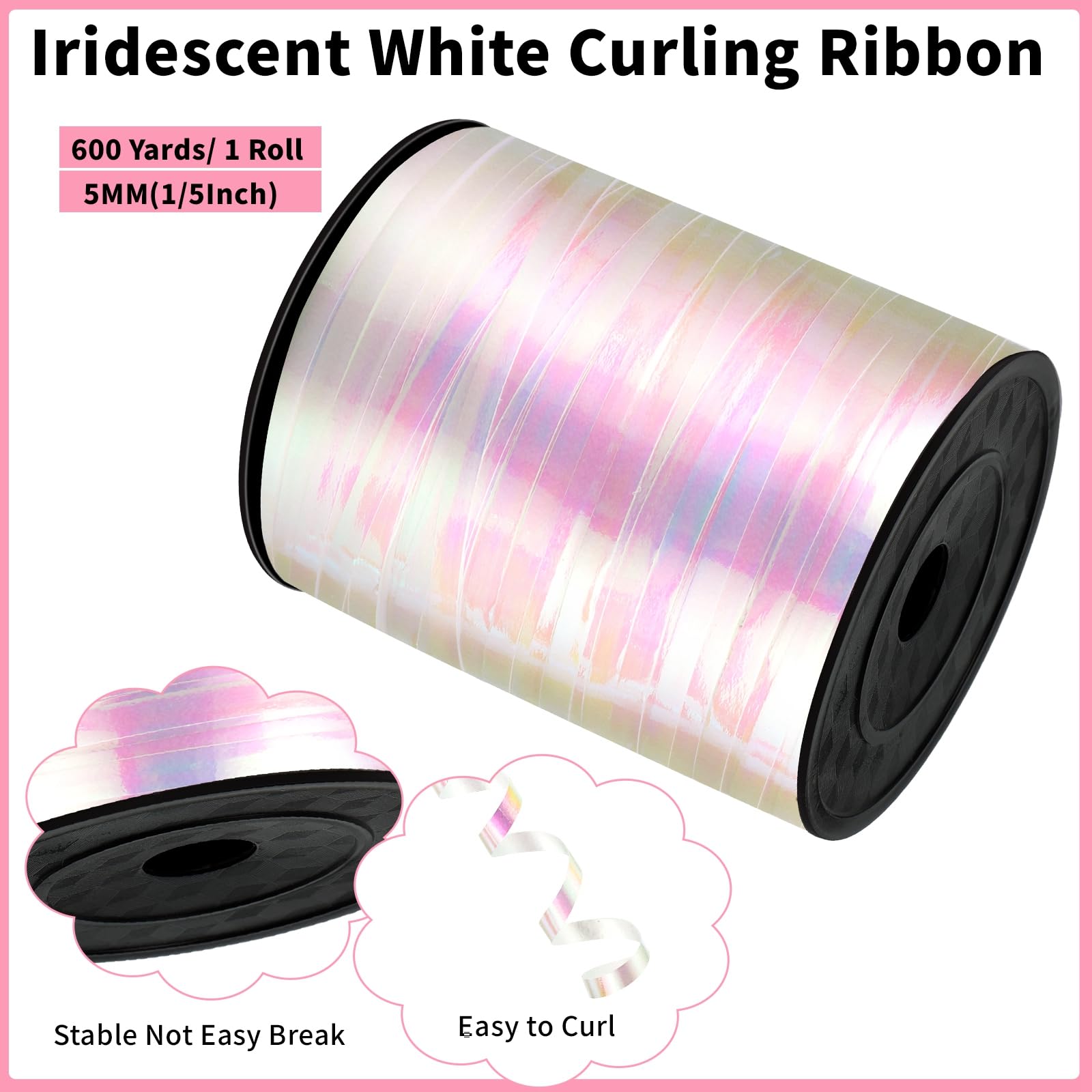 Iridescent White Curling Ribbon 600 Yards 1/5 Inch Balloon String Ribbon Thin White Ribbon for Gift Wrapping Art Crafts Wedding Birthday Party Christmas Decorations