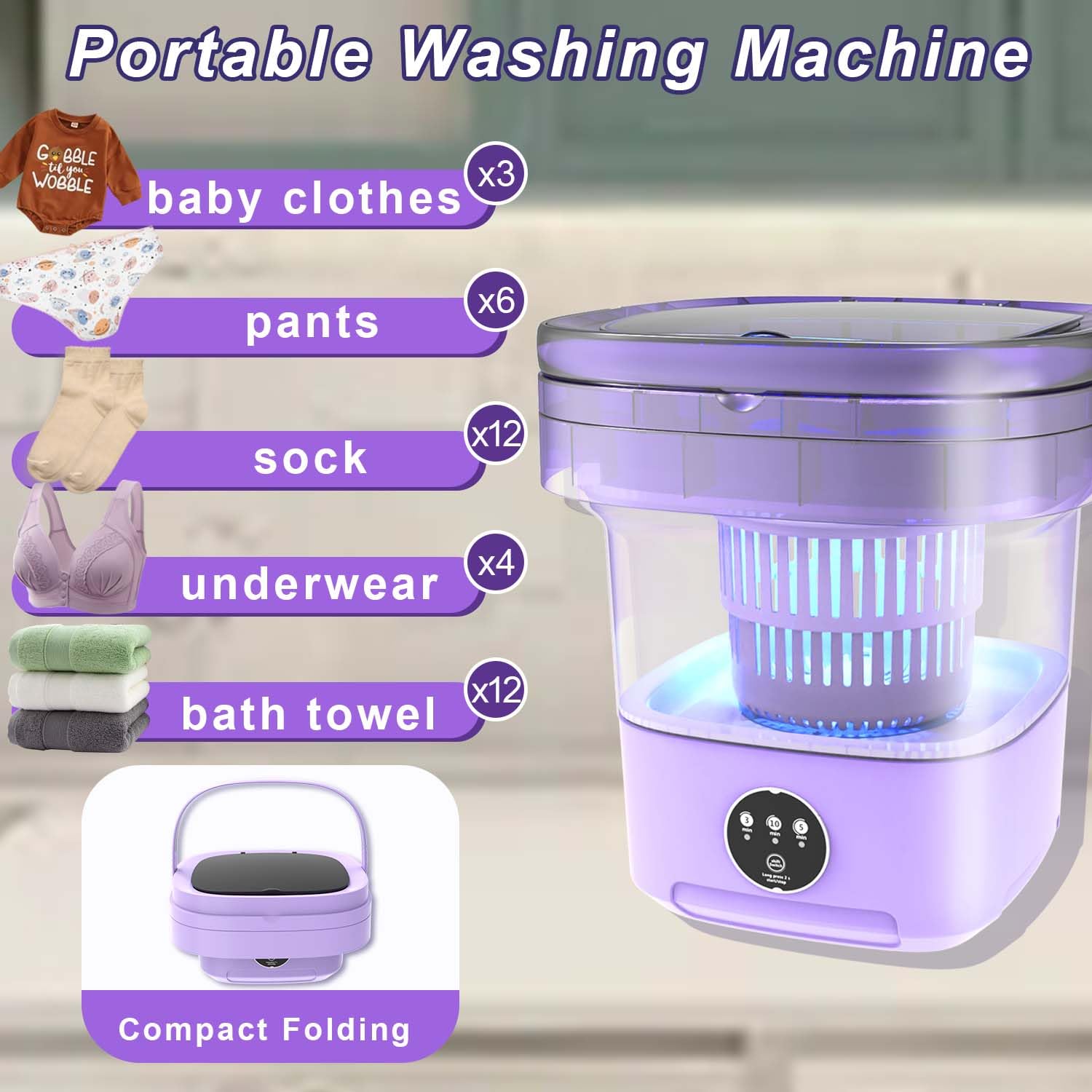 Mini Washing Machine, Portable Washer Machine and Dryer Foldable, 11L Large Capacity, Small Washer Machine, Smart Laundry Machine for Baby Clothes, Underwear, Camping, RV, Travel, Purple