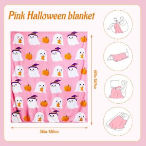 Jansun Halloween Pink Flannel Blanket, 60 x 50 Inch Ghost Pumpkin Throw Blanket Lightweight Reversible Blankets Plush Throw Blanket Soft Living Room Couch Bed Blanket for Girls Boys