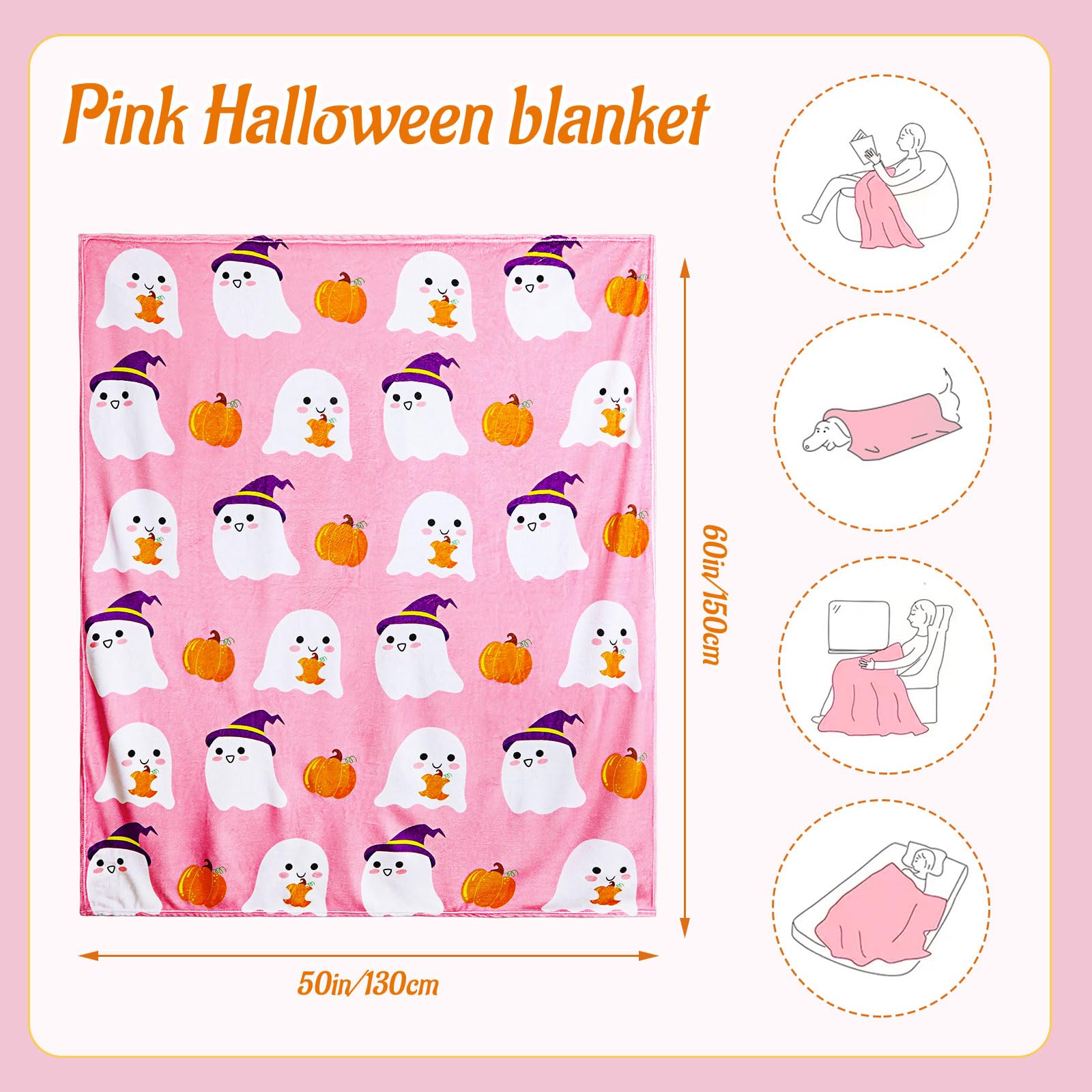 Jansun Halloween Pink Flannel Blanket, 60 x 50 Inch Ghost Pumpkin Throw Blanket Lightweight Reversible Blankets Plush Throw Blanket Soft Living Room Couch Bed Blanket for Girls Boys