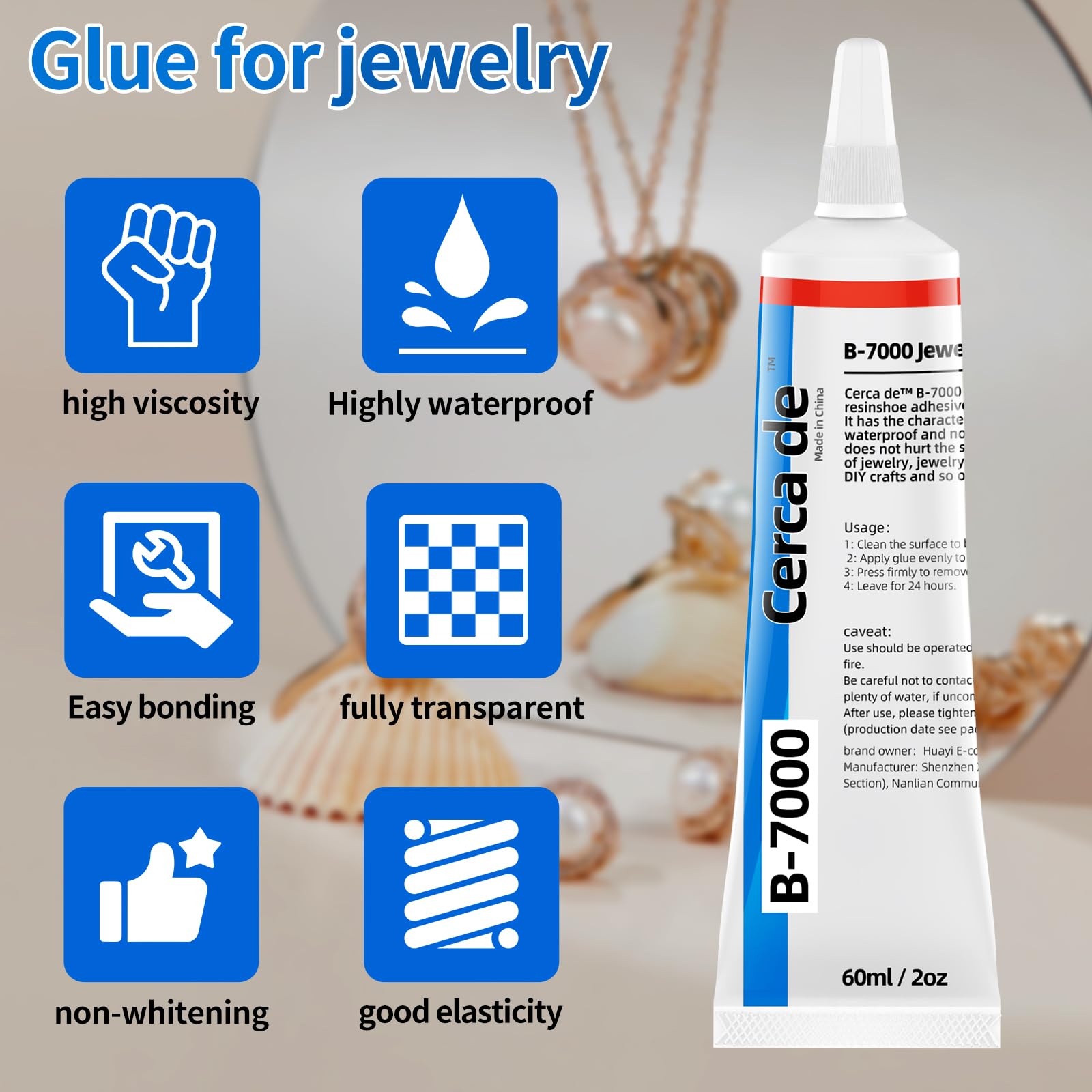 Cerca de b7000 Jewelry Glue，for DIY Crafts, Jewelry, gem,Pearl，Earring，Bracelet，Gold，Silver，Metals,Rhinestone，etc. High-Strength Glue, Waterproof, Clear, with Precision tip, 2 oz.