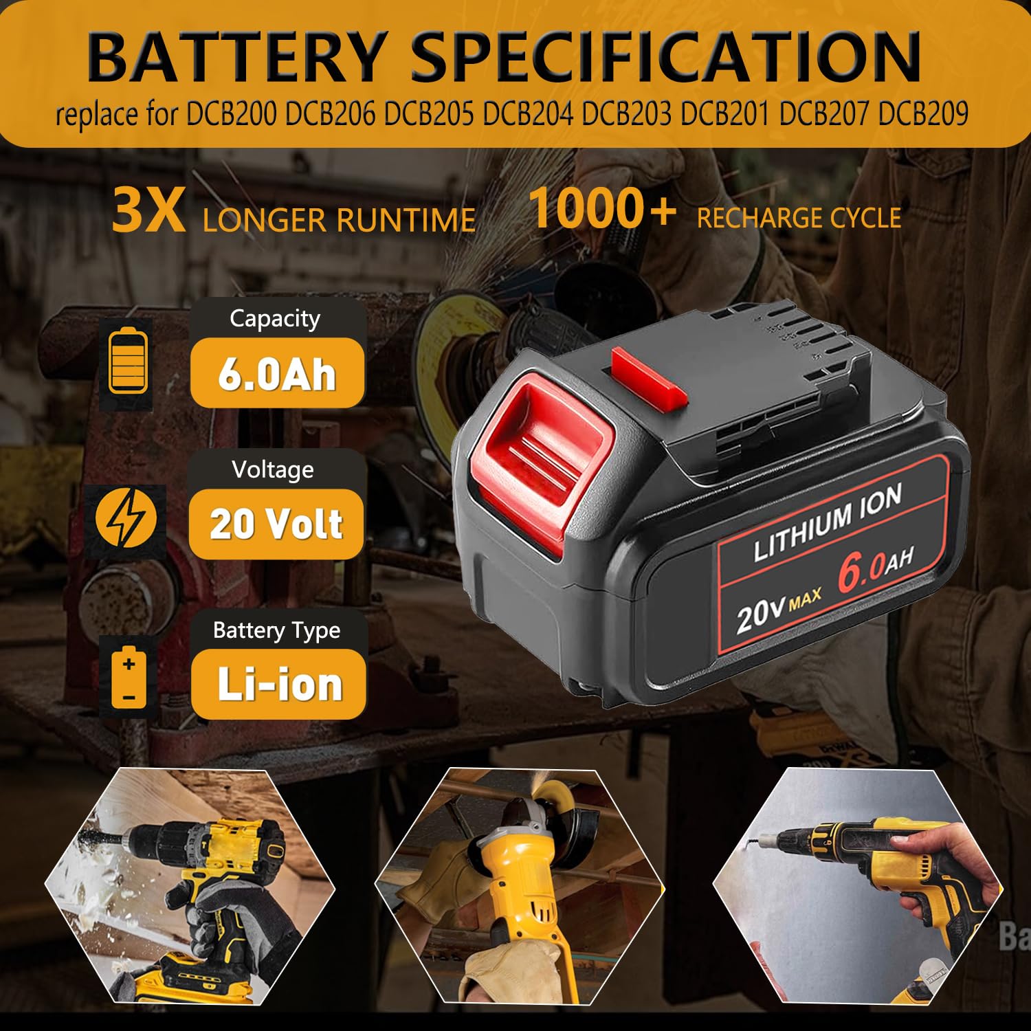 HAPPLYS [2Pack] 6.0Ah Replace for Dewalt 20V Max Battery DCB200 DCB206 DCB205 DCB204 DCB203 DCB201 DCB207 DCB209 Compatible with Dewalt 20V DCD/DCF/DCG/DCS Tools