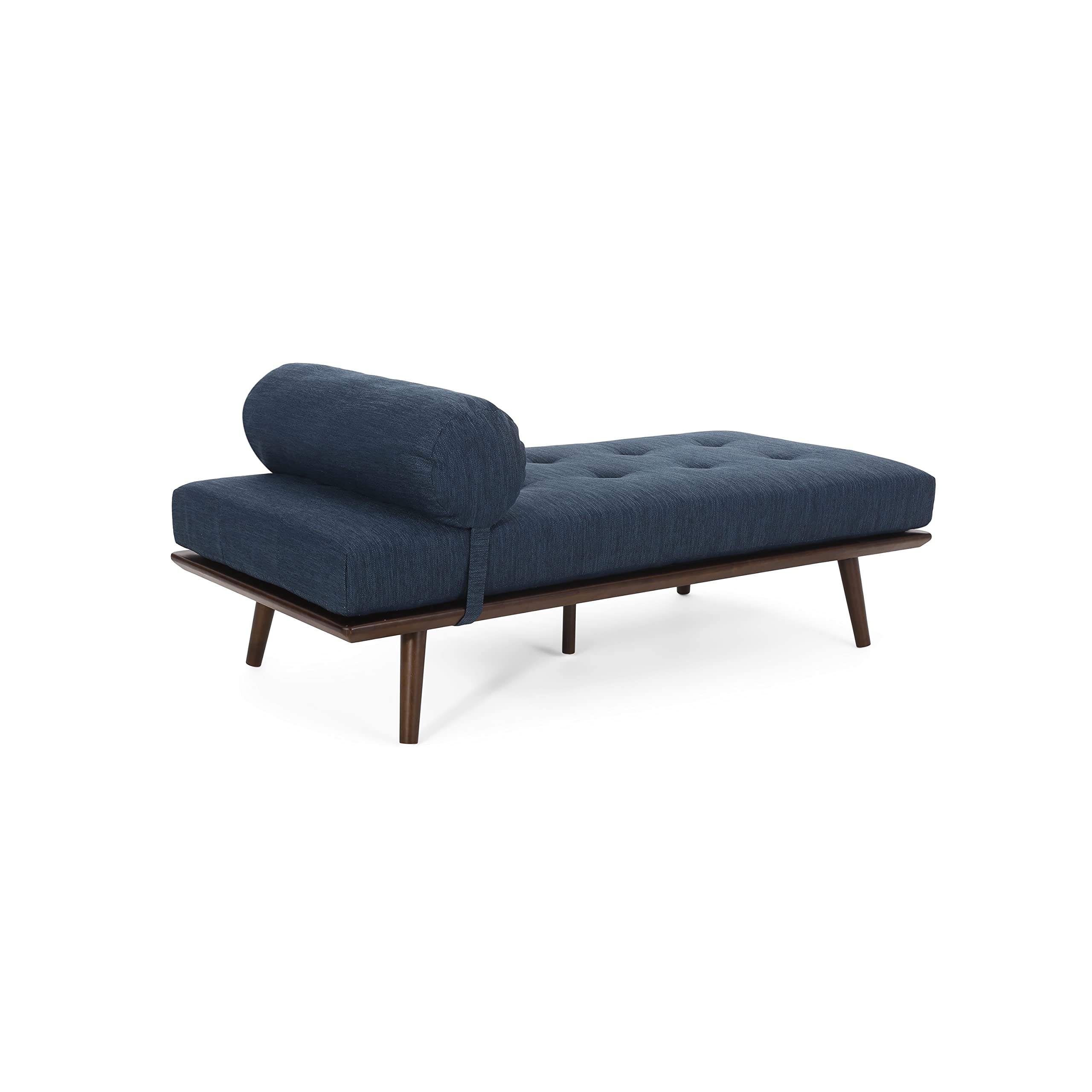 LOPOO Mid-Century Button-Tufted Fabric Chaise Lounge, Rubberwood Frame, Detachable Bolster Pillow, Waffle Stitch Design, 64" L x 29" W x 24.5" H, Stylish Splayed Legs, Iconic Design, Navy Blue