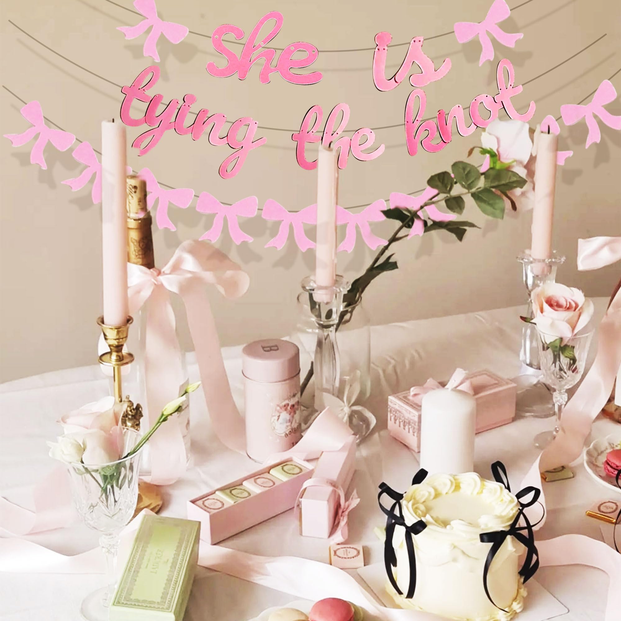 JeVenis She is Tying The Knot Banner Tie The Knot Bridal Shower Decor Pink Bow Banner Garland Coquette Bachelorette Party Decorations