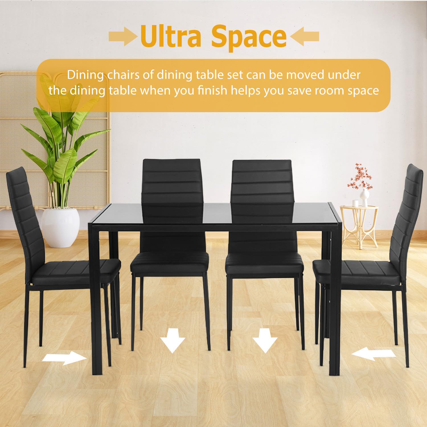 Ruesleag Dining Table Set 5-Piece Dining Room Glass Tabletop Table &Upholstered Chairs for 4 Modern Kitchen Table with Chairs Space-Saving Home Furniture for Dining Room Kitchen Living Room,Black