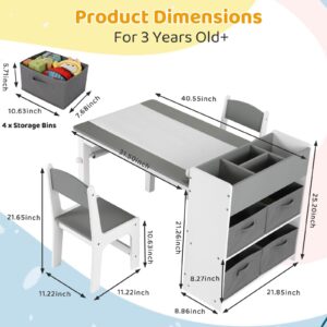 Arlopu Kids Art Table and 2 Chairs, Toddler Craft Drawing Desk with Large Storage Shelves, 4 Storage Bins and Paper Roll, Kids Activity and Study Table Furniture, for Daycare, Game Room (Grey)