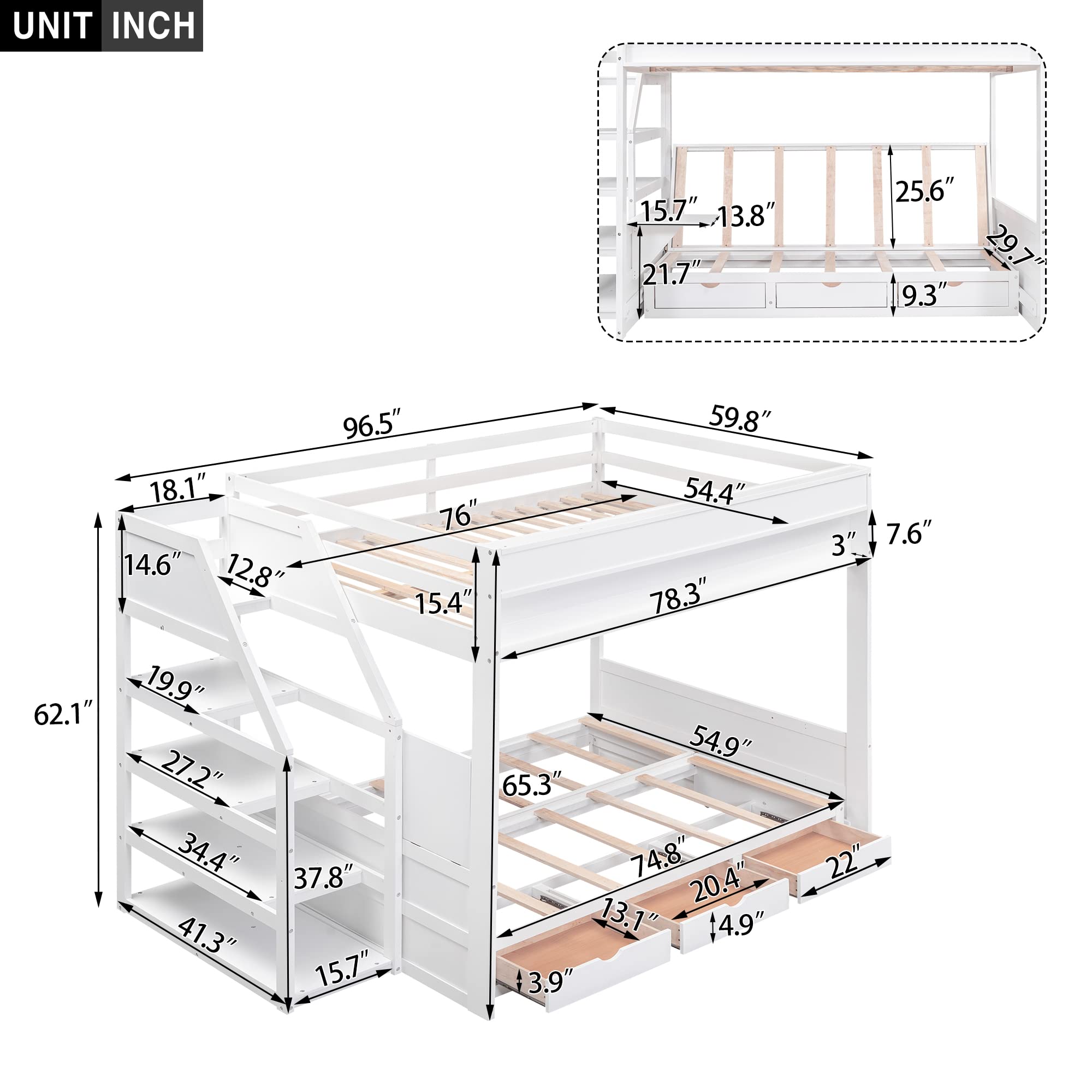 Harper & Bright Designs Full Over Full/Futon Bunk Beds with Stairs and 3 Drawers, Built-in Shelf, Bottom Bed can be Converted into Daybed, Solid Wood Bunk Bed Frame (White)