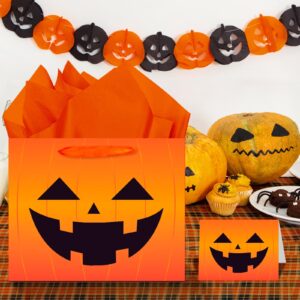 Large Orange Halloween Party Gifts Bags with Handles,Halloween Wrapping Tissue Paper with Greeting Card,Pumpkin Halloween Paper Bags Trick or Treat for Halloween Birthday Party Favors Gifts Supplies