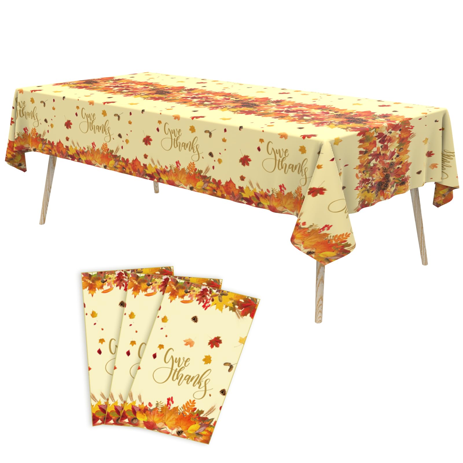 Tbsone Fall Thanksgiving Disposable Rectangle Tablecloth - 3 Pack, Autumn Maple Leaves Theme Plastic Table Cloth & Cover for Harvest Party Decorations Supplies (54 x 108 Inches)