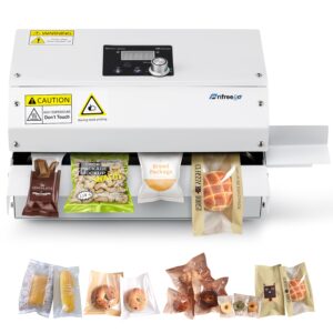 frifreego automatic band sealer continuous heat bag sealing machine, heavy duty horizontal bag sealing machine with temp&speed adjustment, for kinds of heat sealable bags, desktop white